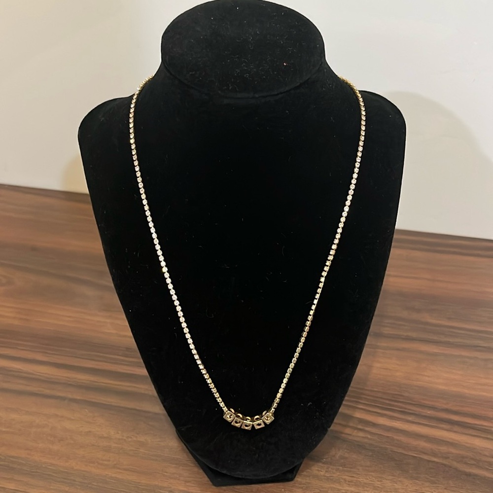 Rachel Leigh goldtone necklace with rhinestone chain and open cubes